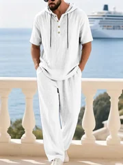 Men's Cotton Linen 2-Piece Set Hooded Short-Sleeve Henley Shirt with Drawstring Long Pants, Breathable Casual Beach Summer Outfi