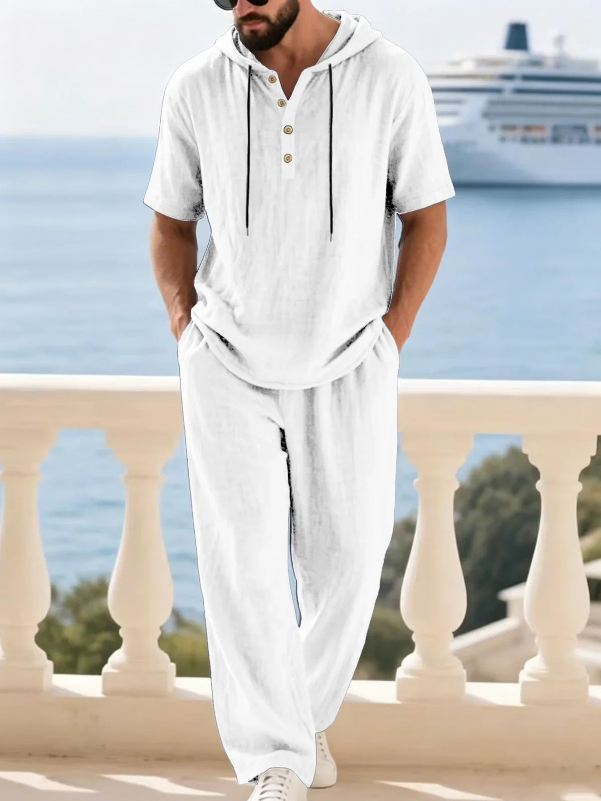 Men's Cotton Linen 2-Piece Set Hooded Short-Sleeve Henley Shirt with Drawstring Long Pants, Breathable Casual Beach Summer Outfi