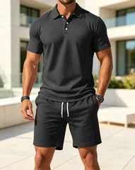 Summer men‘s’ Casual Versatile Fashion Short-Sleeved Button-Down Polo Shirt And Breathable Mesh Shorts Set for Men Plus Size