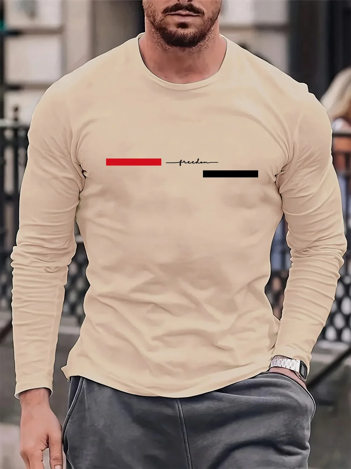 Red black Line men's long sleeved round neck loose casual freedom letter pattern printed spring and autumn versatile T-shirt