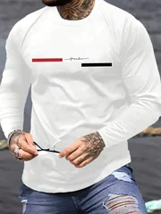 Red black Line men's long sleeved round neck loose casual freedom letter pattern printed spring and autumn versatile T-shirt