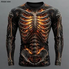 Unisex 3D Skeleton Print Long Sleeve T Shirt Men Women Elastic Crew Neck Compression Tee Halloween Cosplay Fitness Tops