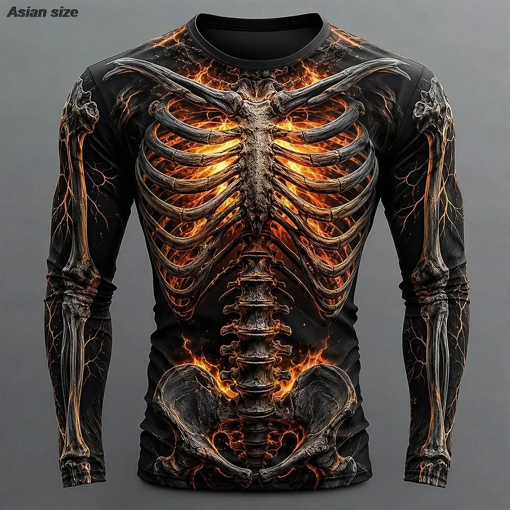 Unisex 3D Skeleton Print Long Sleeve T Shirt Men Women Elastic Crew Neck Compression Tee Halloween Cosplay Fitness Tops