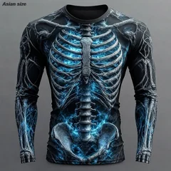 Unisex 3D Skeleton Print Long Sleeve T Shirt Men Women Elastic Crew Neck Compression Tee Halloween Cosplay Fitness Tops