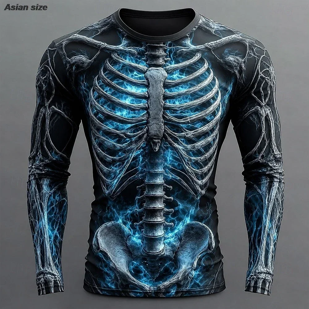 Unisex 3D Skeleton Print Long Sleeve T Shirt Men Women Elastic Crew Neck Compression Tee Halloween Cosplay Fitness Tops