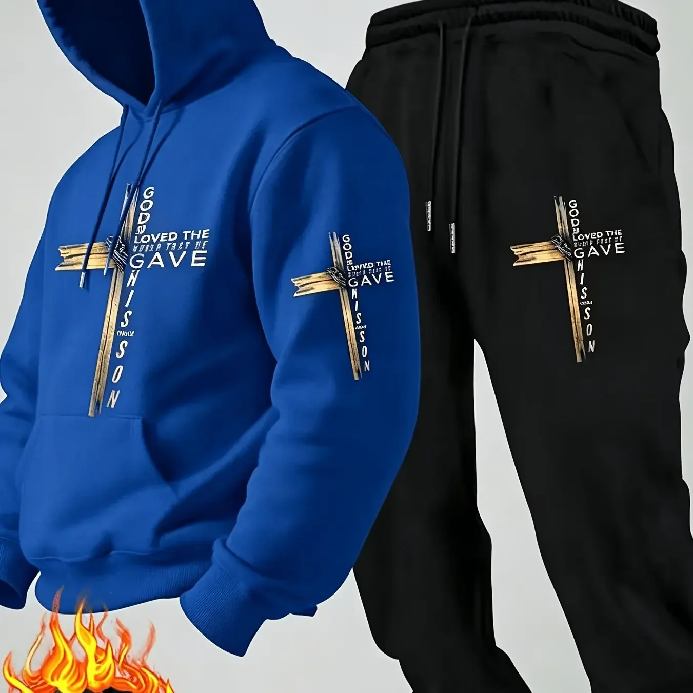 New autumn hoodie hooded set for men and women in distressed wood grain cross style print with pockets for warmth and comfort