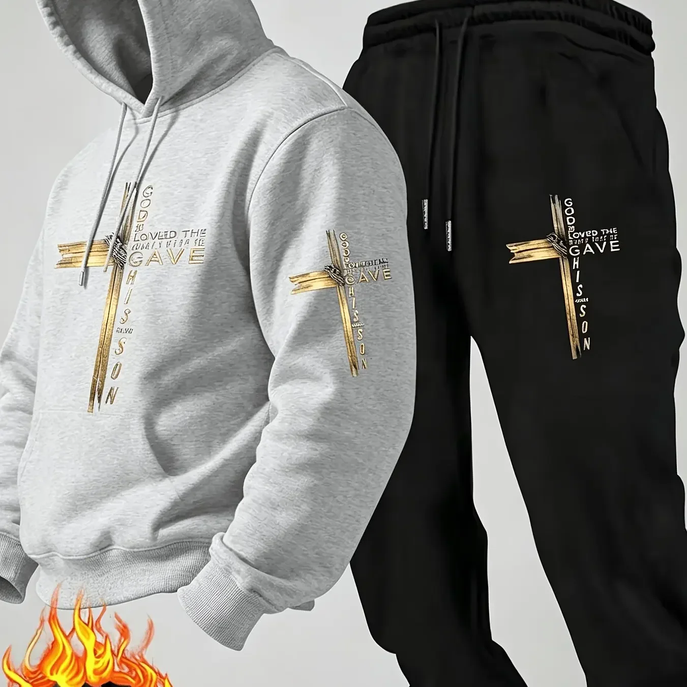 New autumn hoodie hooded set for men and women in distressed wood grain cross style print with pockets for warmth and comfort