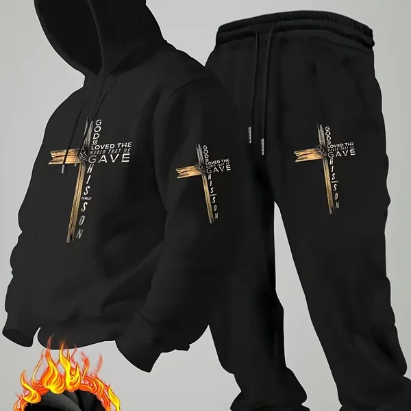 New autumn hoodie hooded set for men and women in distressed wood grain cross style print with pockets for warmth and comfort