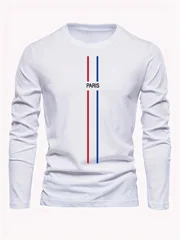 100% Pure Cotton Men's Long Sleeved Round Neck Loose Casual Paris Pattern Printed Spring and Autumn Versatile T-Shirt Top