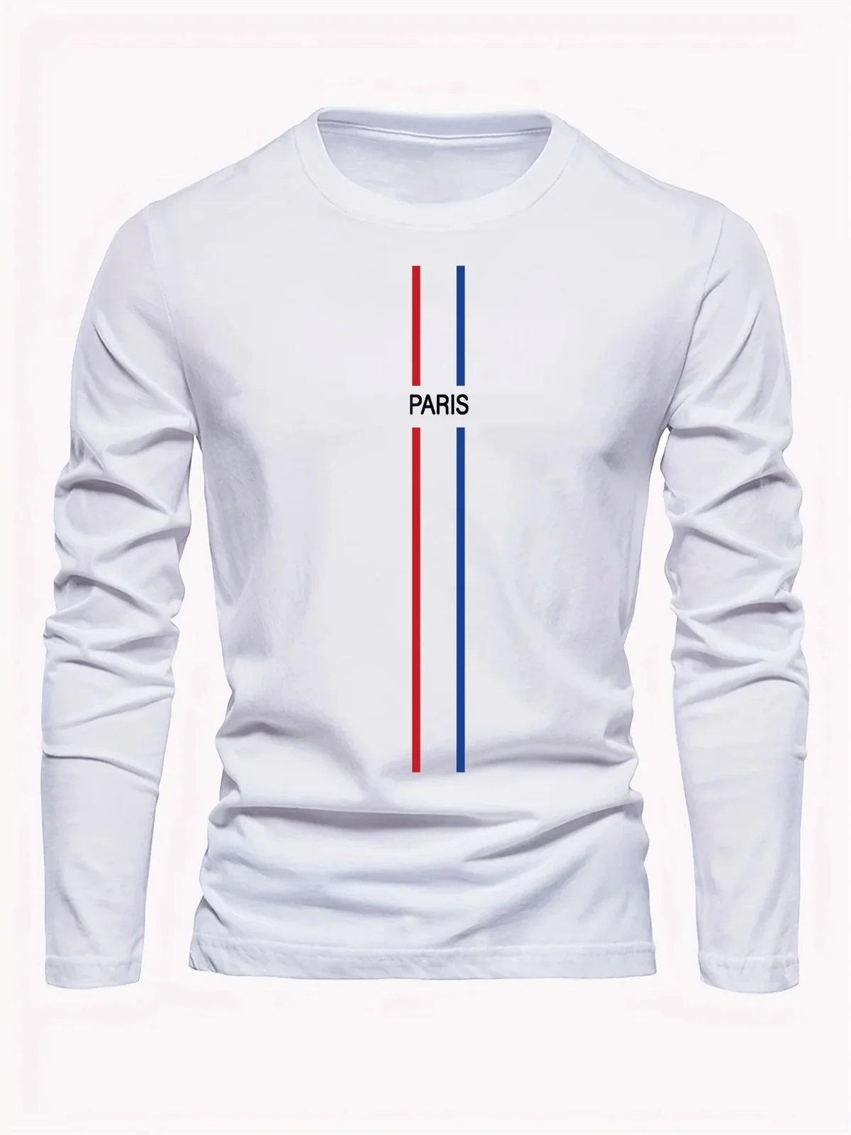 100% Pure Cotton Men's Long Sleeved Round Neck Loose Casual Paris Pattern Printed Spring and Autumn Versatile T-Shirt Top