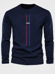 100% Pure Cotton Men's Long Sleeved Round Neck Loose Casual Paris Pattern Printed Spring and Autumn Versatile T-Shirt Top