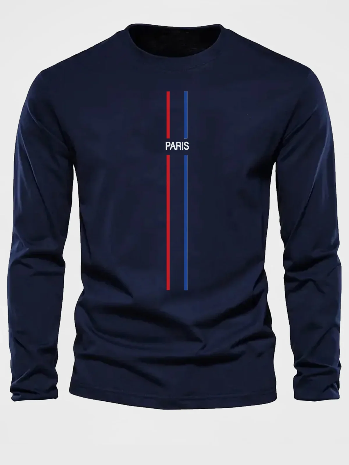 100% Pure Cotton Men's Long Sleeved Round Neck Loose Casual Paris Pattern Printed Spring and Autumn Versatile T-Shirt Top