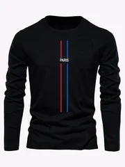 100% Pure Cotton Men's Long Sleeved Round Neck Loose Casual Paris Pattern Printed Spring and Autumn Versatile T-Shirt Top