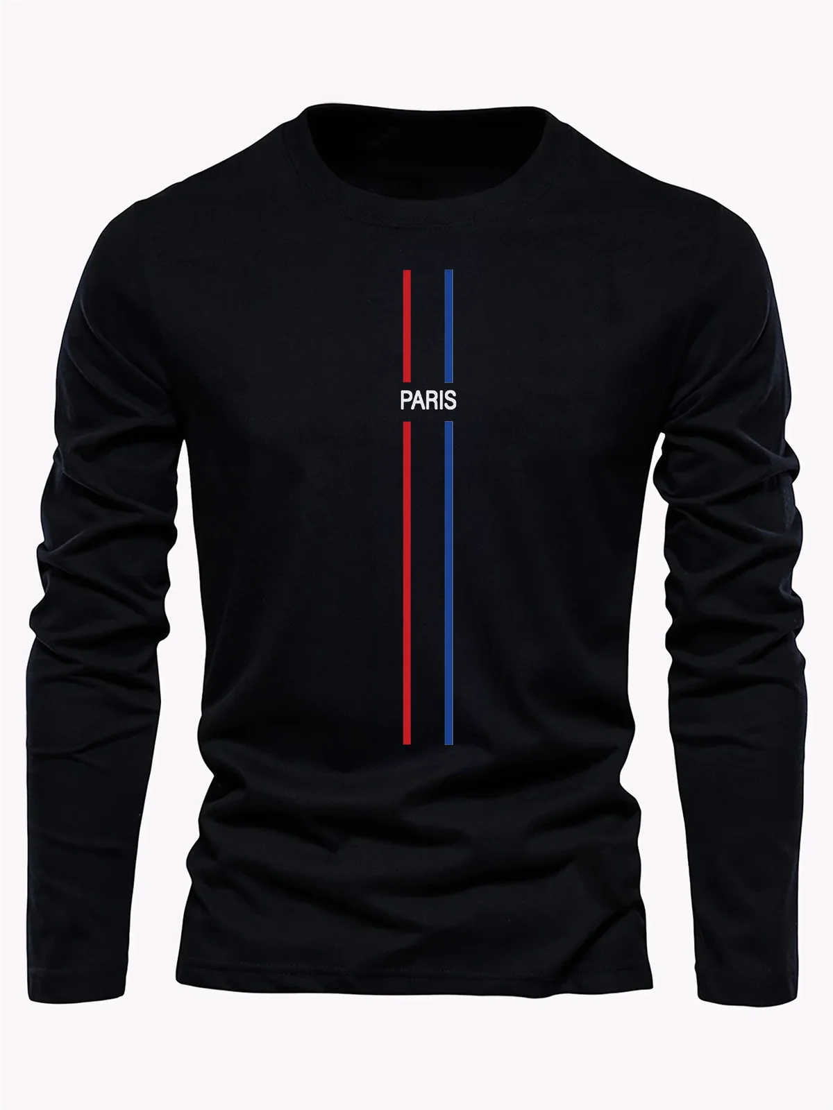 100% Pure Cotton Men's Long Sleeved Round Neck Loose Casual Paris Pattern Printed Spring and Autumn Versatile T-Shirt Top