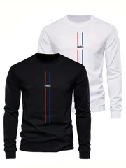 100% Pure Cotton Men's Long Sleeved Round Neck Loose Casual Paris Pattern Printed Spring and Autumn Versatile T-Shirt Top
