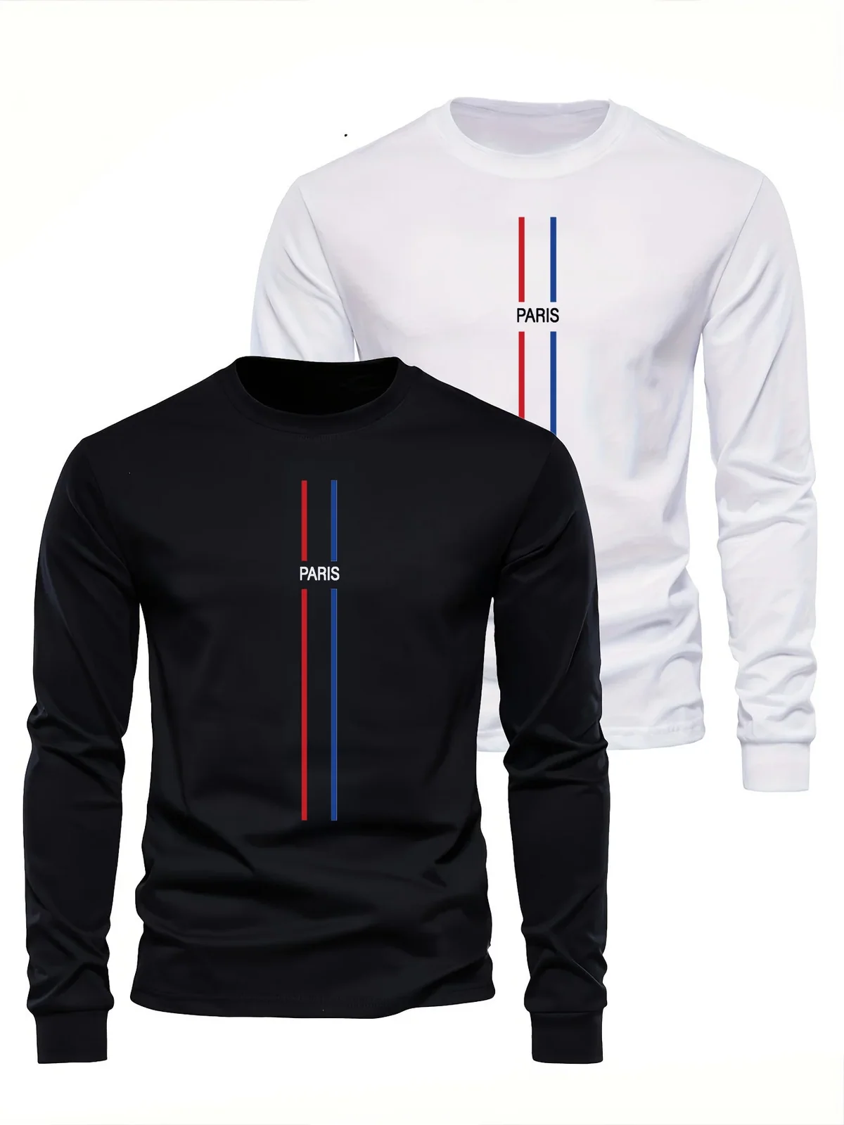 100% Pure Cotton Men's Long Sleeved Round Neck Loose Casual Paris Pattern Printed Spring and Autumn Versatile T-Shirt Top