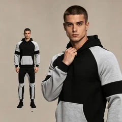 Men Color Block Hoodie And Jogger Pants Set Long Sleeve Drawstring Casual Sports Two Piece Outfit Set