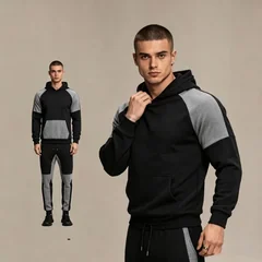 Men Color Block Hoodie And Jogger Pants Set Long Sleeve Drawstring Casual Sports Two Piece Outfit Set