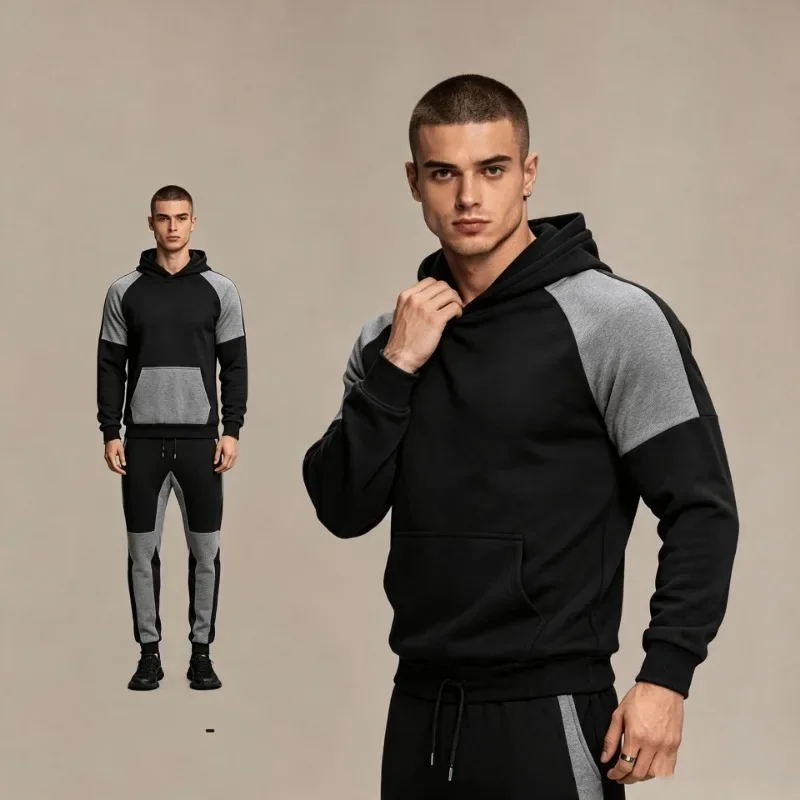 Men Color Block Hoodie And Jogger Pants Set Long Sleeve Drawstring Casual Sports Two Piece Outfit Set