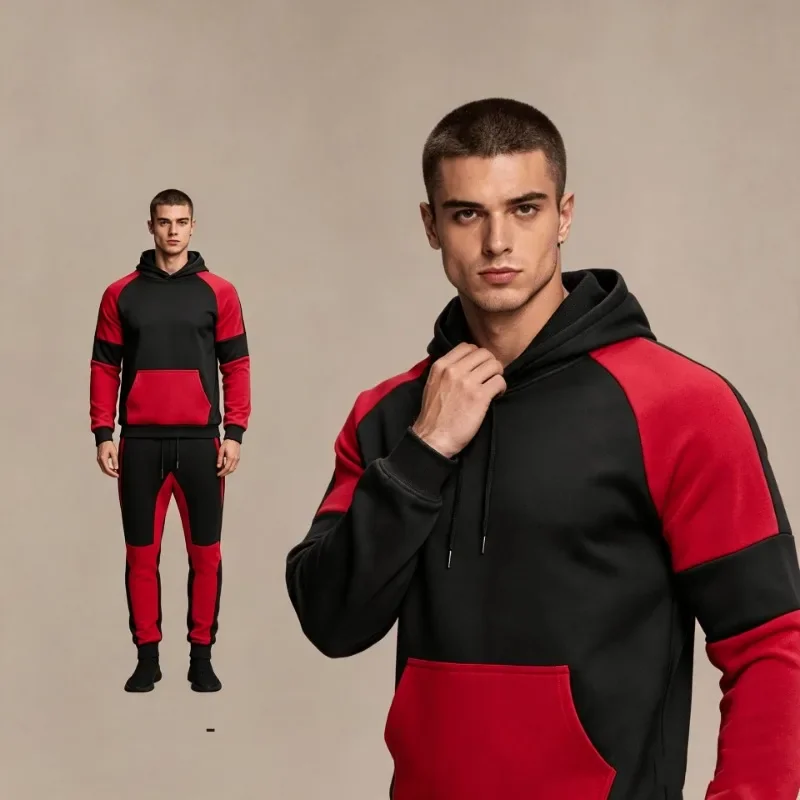 Men Color Block Hoodie And Jogger Pants Set Long Sleeve Drawstring Casual Sports Two Piece Outfit Set