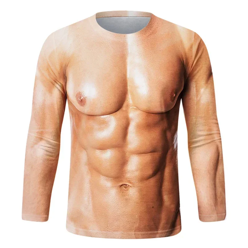 Funny Fake Muscle Graphic T Shirt Men's Long Sleeve T-Shirt New Arrival Sports 3D Printed Tshirt Casual Spring Running Tees Tops
