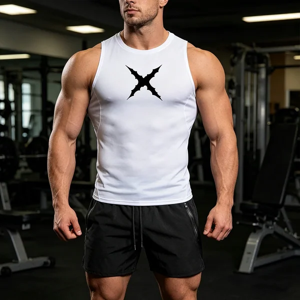Men 2 Piece Sleeveless Sportswear Set Compression Tank Top Quick Dry Gym Shorts Gothic X Thorns Print Fitness Running Tracksuit