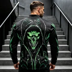 New Men Mock Neck Long Sleeve T‑Shirt Dark Gothic Skull Swirl Line Art Print Pullover Tops Punk Streetwear