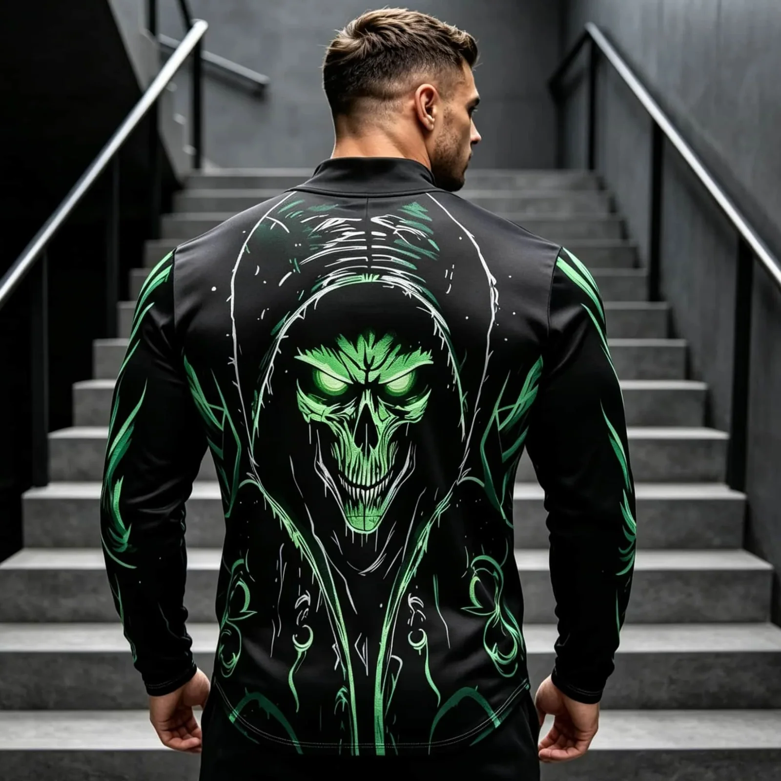 New Men Mock Neck Long Sleeve T‑Shirt Dark Gothic Skull Swirl Line Art Print Pullover Tops Punk Streetwear