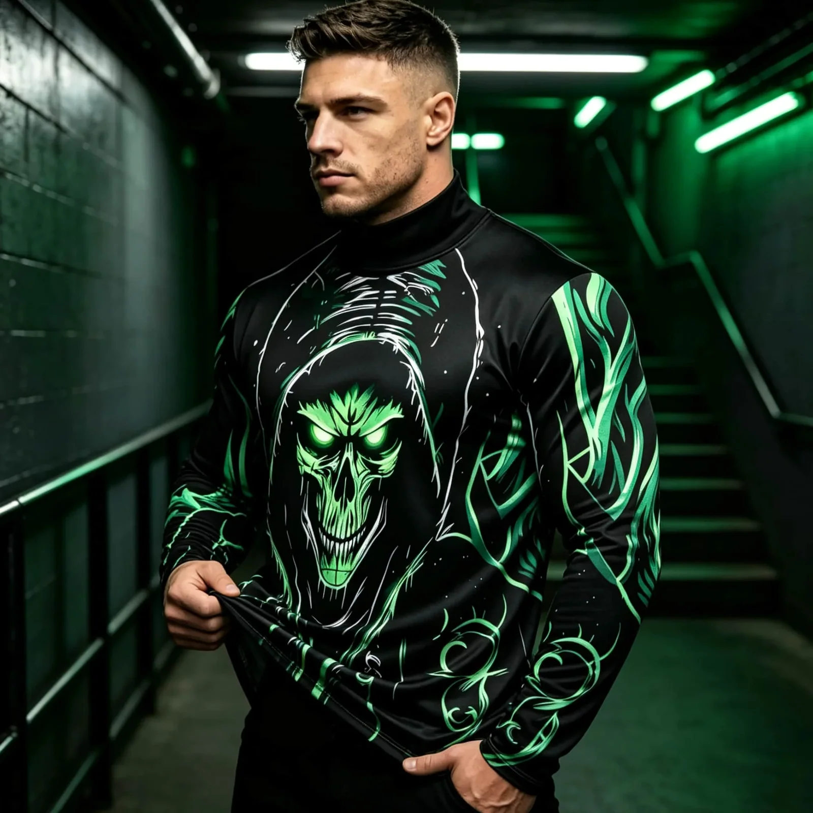 New Men Mock Neck Long Sleeve T‑Shirt Dark Gothic Skull Swirl Line Art Print Pullover Tops Punk Streetwear