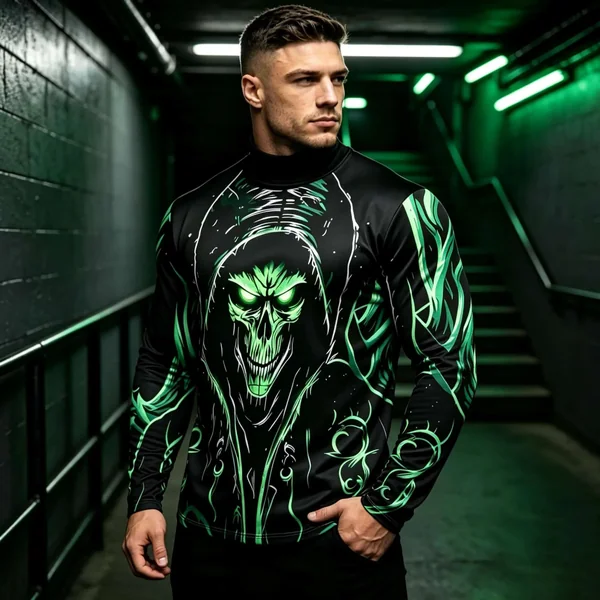 New Men Mock Neck Long Sleeve T‑Shirt Dark Gothic Skull Swirl Line Art Print Pullover Tops Punk Streetwear