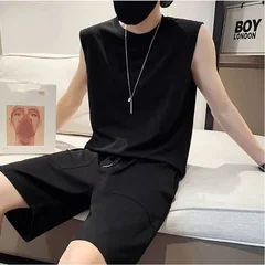 Men Solid Sleeveless Tank Top Two Piece Set Loose Sports Casual Shorts Tracksuit Summer M 5XL
