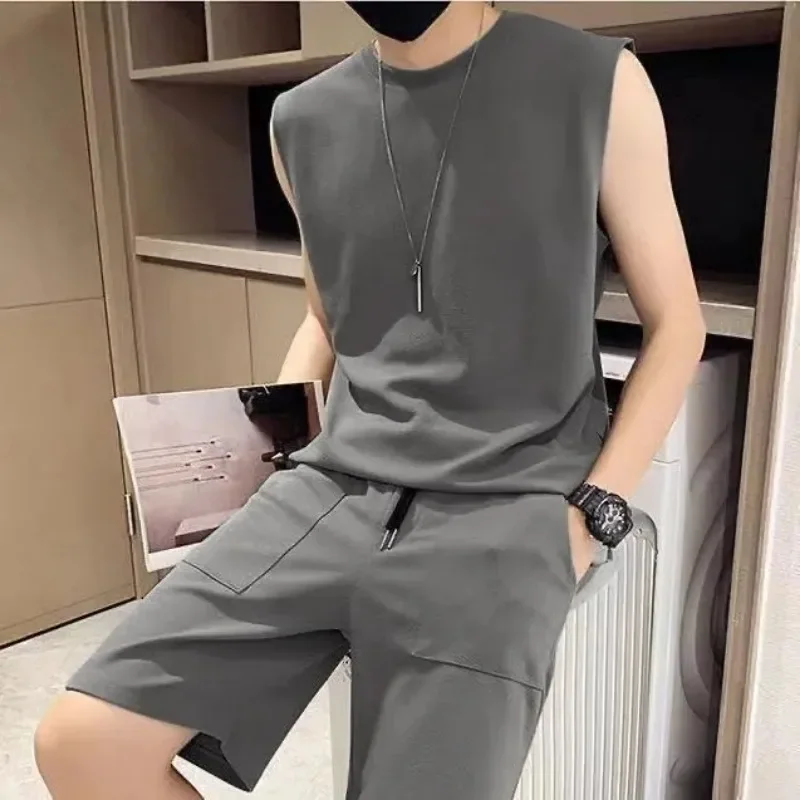 Men Solid Sleeveless Tank Top Two Piece Set Loose Sports Casual Shorts Tracksuit Summer M 5XL