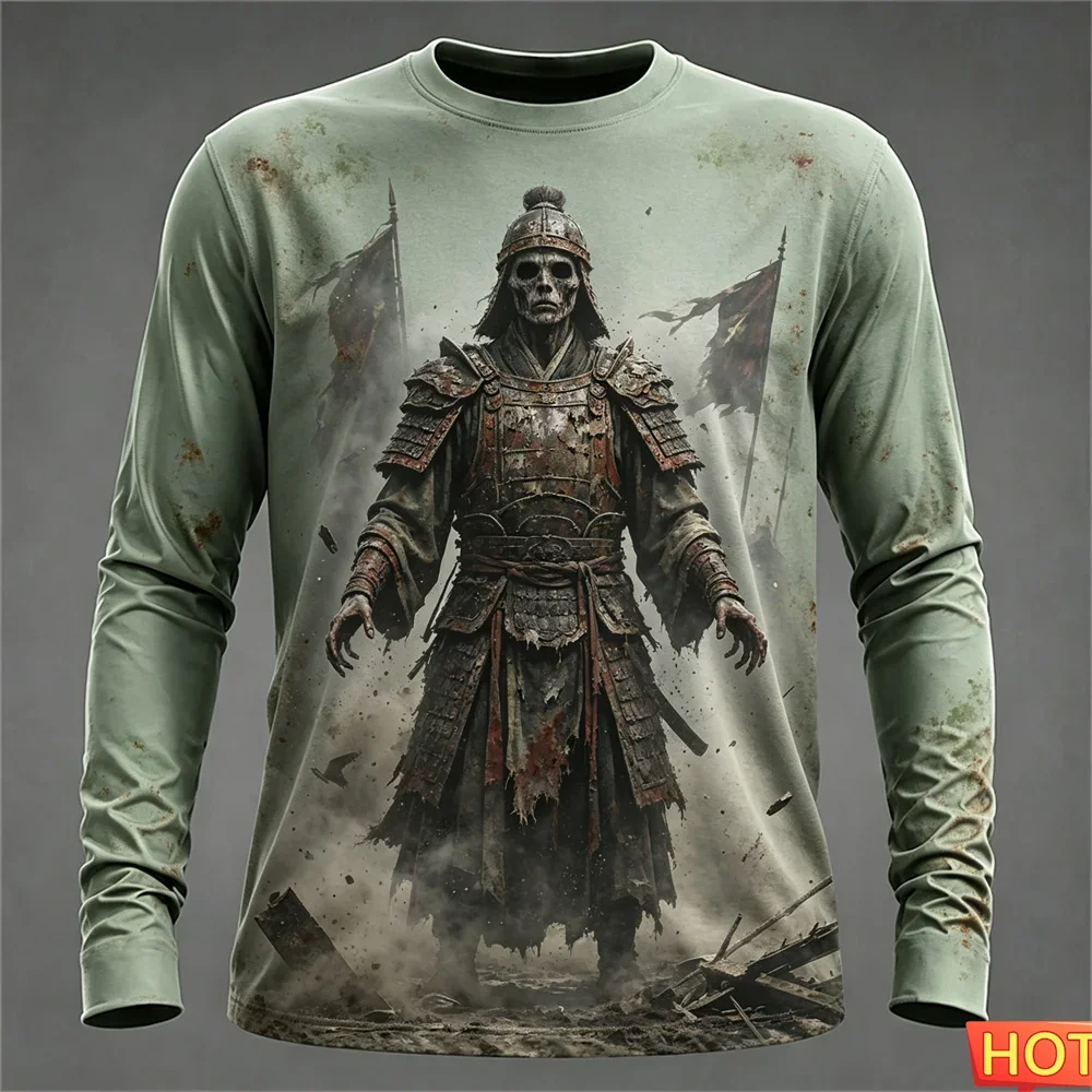 Autumn winter Men's Long sleeved T-shirts Halloween 3D Samurai Street T-shirt tops Cotton Graphic Halloween Gift T-shirt for men