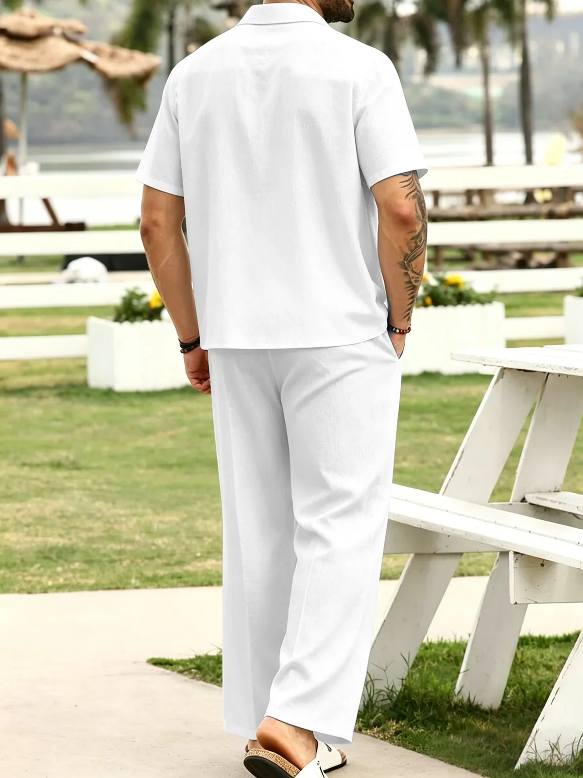 Men's 2 Piece Outfit Comfortable And Breathable Collar Short Sleeve Shirt Drawstring Pants Casual Beach Vacation Resort Wear