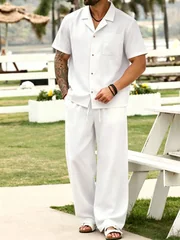 Men's 2 Piece Outfit Comfortable And Breathable Collar Short Sleeve Shirt Drawstring Pants Casual Beach Vacation Resort Wear