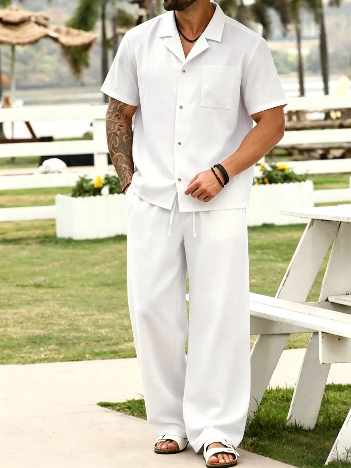 Men's 2 Piece Outfit Comfortable And Breathable Collar Short Sleeve Shirt Drawstring Pants Casual Beach Vacation Resort Wear