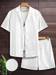 Men's White Textured Cuban Collar Short-Sleeved Shirt and Drawstring Shorts Two-Piece Set, Solid Color Casual Outfit, Lightweight and Breathable Summer Vacation Outfit