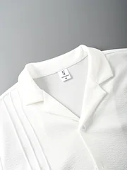 Men's White Textured Cuban Collar Short-Sleeved Shirt and Drawstring Shorts Two-Piece Set, Solid Color Casual Outfit, Lightweight and Breathable Summer Vacation Outfit