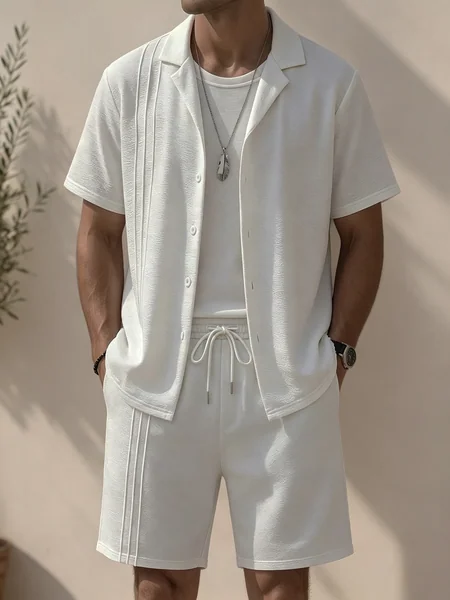 Men's White Textured Cuban Collar Short-Sleeved Shirt and Drawstring Shorts Two-Piece Set, Solid Color Casual Outfit, Lightweight and Breathable Summer Vacation Outfit