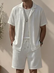 Men's White Textured Cuban Collar Short-Sleeved Shirt and Drawstring Shorts Two-Piece Set, Solid Color Casual Outfit, Lightweight and Breathable Summer Vacation Outfit