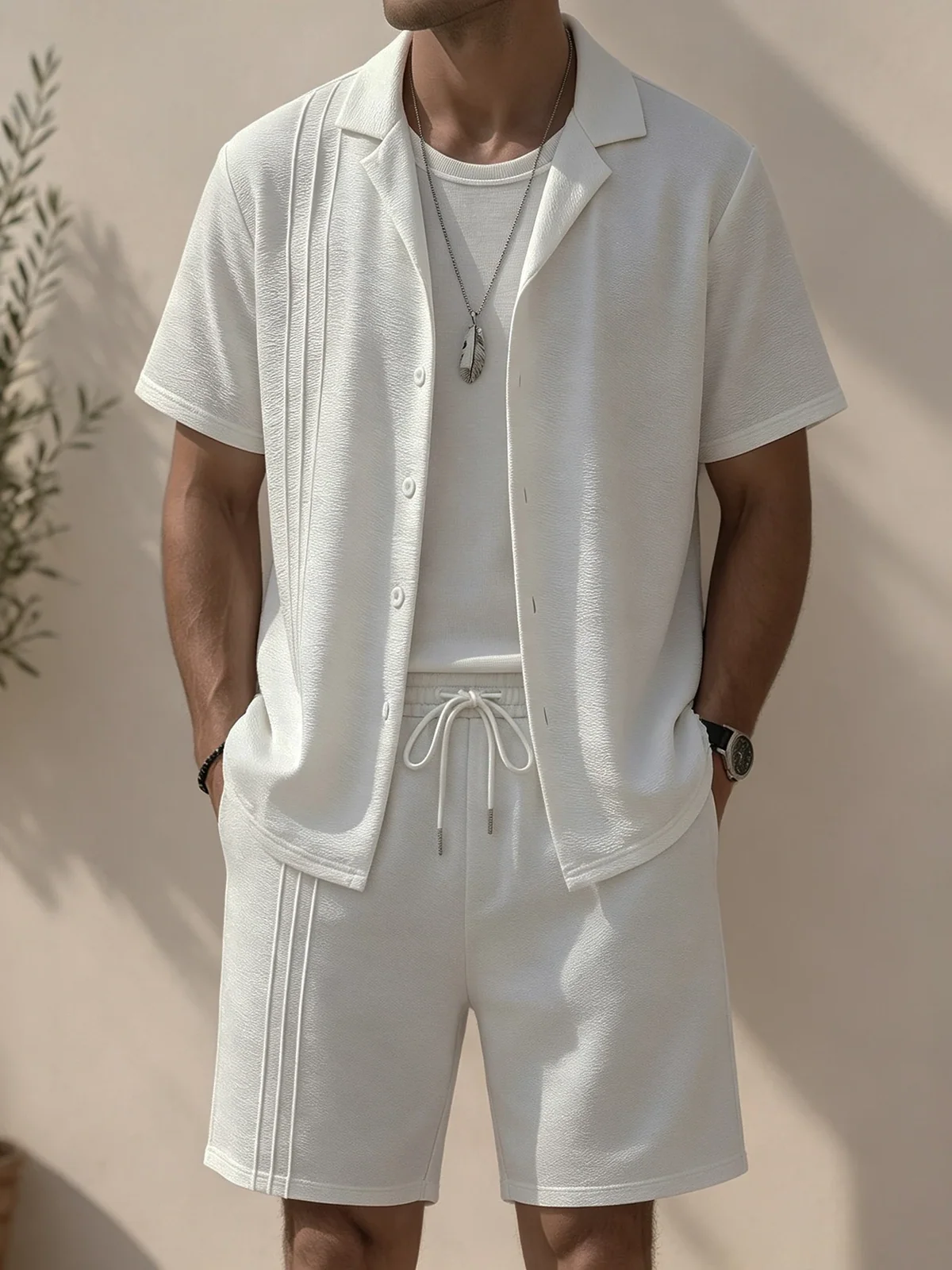 Men's White Textured Cuban Collar Short-Sleeved Shirt and Drawstring Shorts Two-Piece Set, Solid Color Casual Outfit, Lightweight and Breathable Summer Vacation Outfit
