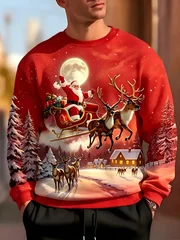 American men's autumn Santa Claus reindeer gift print soft and comfortable round neck long sleeved T-shirt outdoor casual top