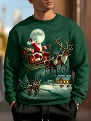 American men's autumn Santa Claus reindeer gift print soft and comfortable round neck long sleeved T-shirt outdoor casual top
