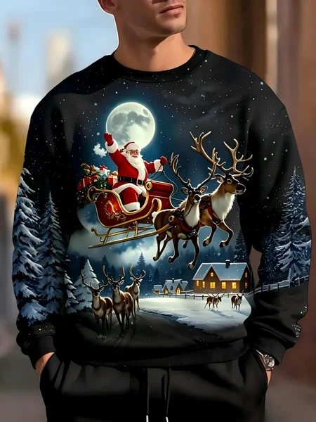 American men's autumn Santa Claus reindeer gift print soft and comfortable round neck long sleeved T-shirt outdoor casual top