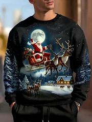 American men's autumn Santa Claus reindeer gift print soft and comfortable round neck long sleeved T-shirt outdoor casual top