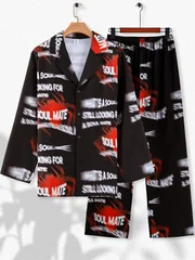 Men's Trendy Text Print Outfits, Loose Lapel Shirt & Elastic Waist Pants Set
