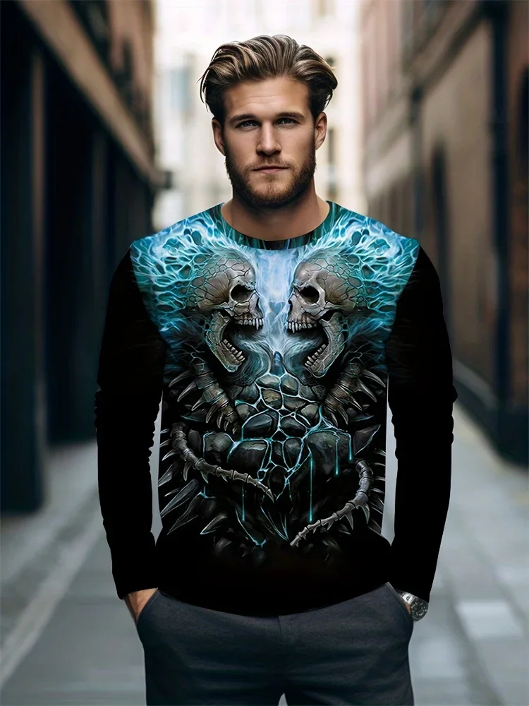 Gift New Fashion Men's 3D Skull Long Sleeve T-Shirt Heart Hands Skeleton Graphic Tee Gothic Dark Streetwear Casual Pullover Tops