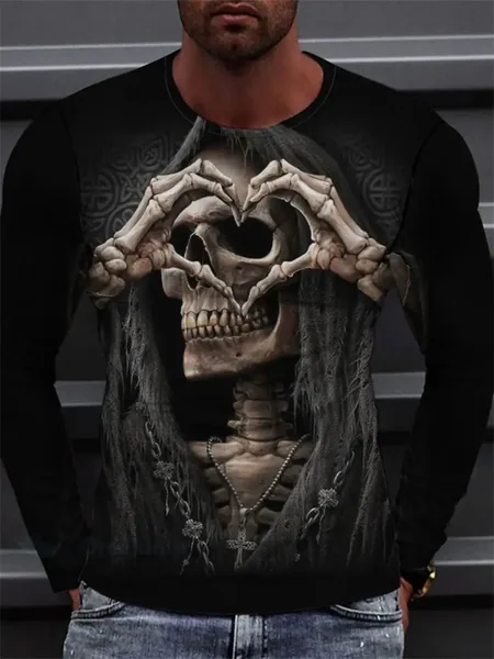 Gift New Fashion Men's 3D Skull Long Sleeve T-Shirt Heart Hands Skeleton Graphic Tee Gothic Dark Streetwear Casual Pullover Tops