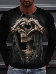 Gift New Fashion Men's 3D Skull Long Sleeve T-Shirt Heart Hands Skeleton Graphic Tee Gothic Dark Streetwear Casual Pullover Tops