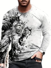 Men's 3D Lion Head Long Sleeve T-Shirt Khaki Graphic Tee Vintage Retro Animal Portrait Streetwear Casual Pullover Tops Gift